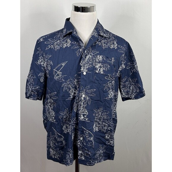 Penguin Large Hawaiian Aloha Shirt Floral Palms Tiki Hut Blue Short Sleeve - Picture 2 of 4